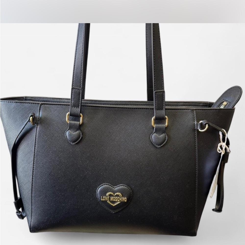 Love Moschino Black Leather Tote with Gold Emblem